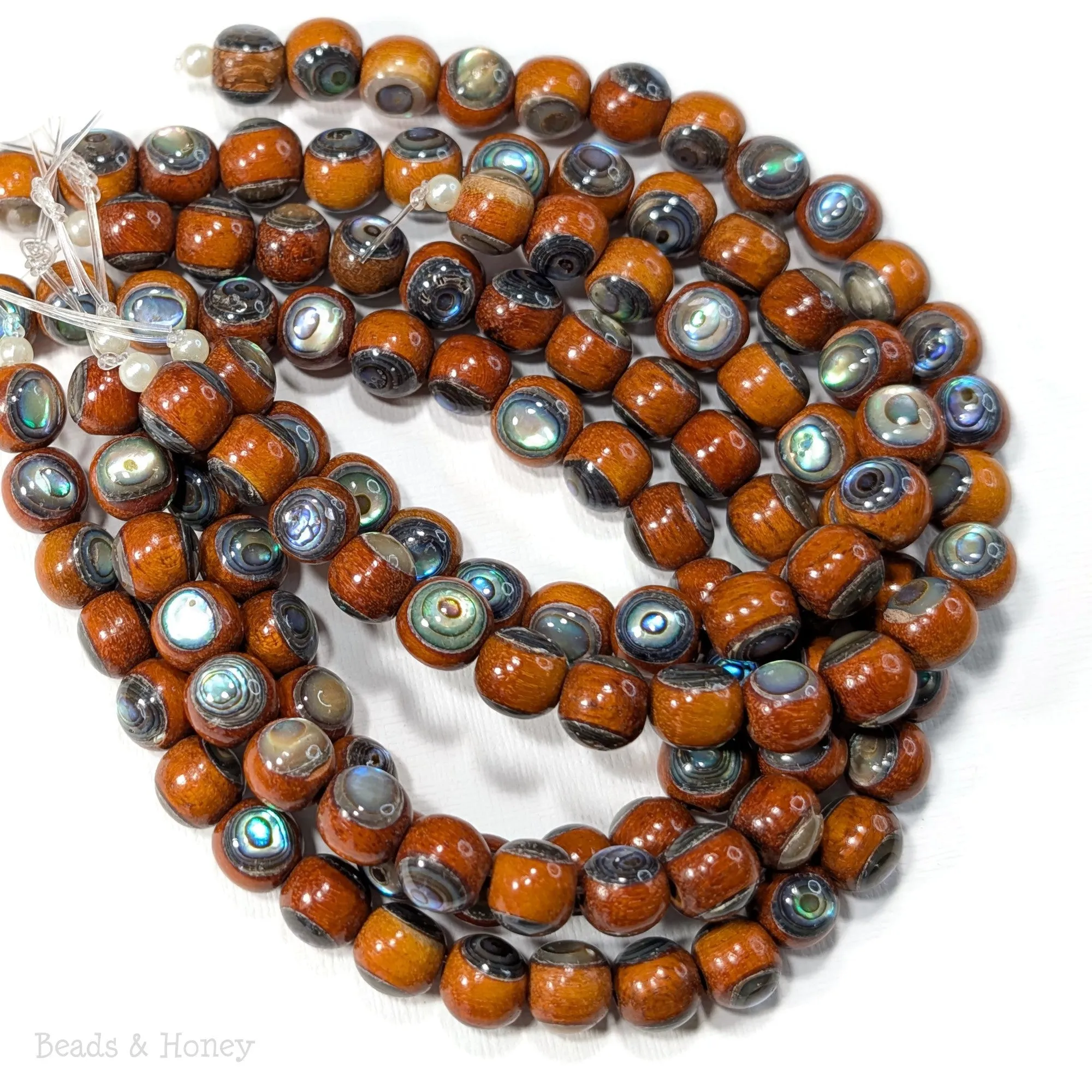 Sibucao Wood Bead with Abalone Shell Inlay Round 9mm (8-Inch Strand)