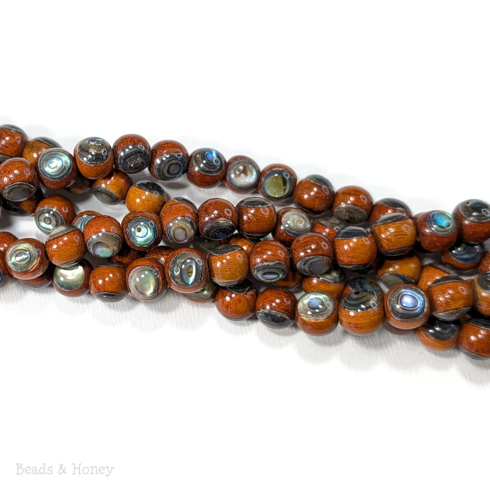 Sibucao Wood Bead with Abalone Shell Inlay Round 9mm (8-Inch Strand)