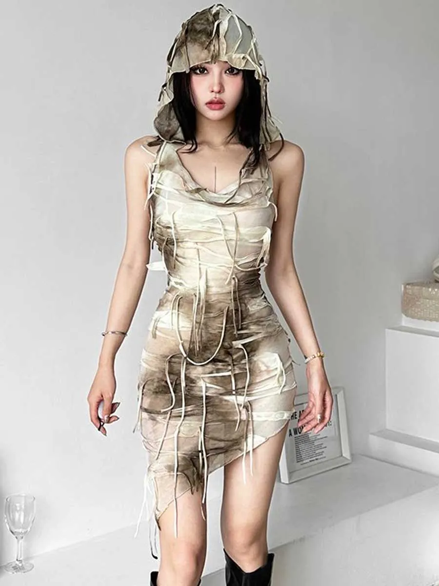 Tie Dye Fringe Hooded Mini Dress