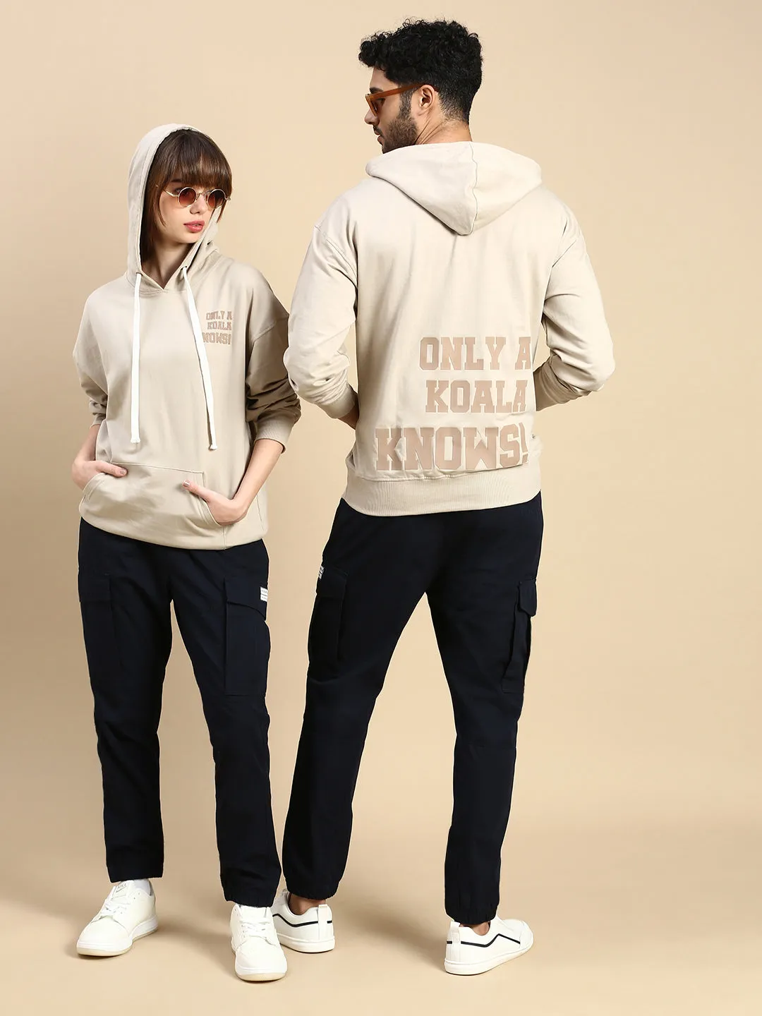 Unisex Beige Relaxed Fit Printed Hoodie Sweatshirt